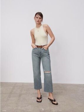 Zara Light Gray High-Rise Straight-Leg Jeans with Knee Distress